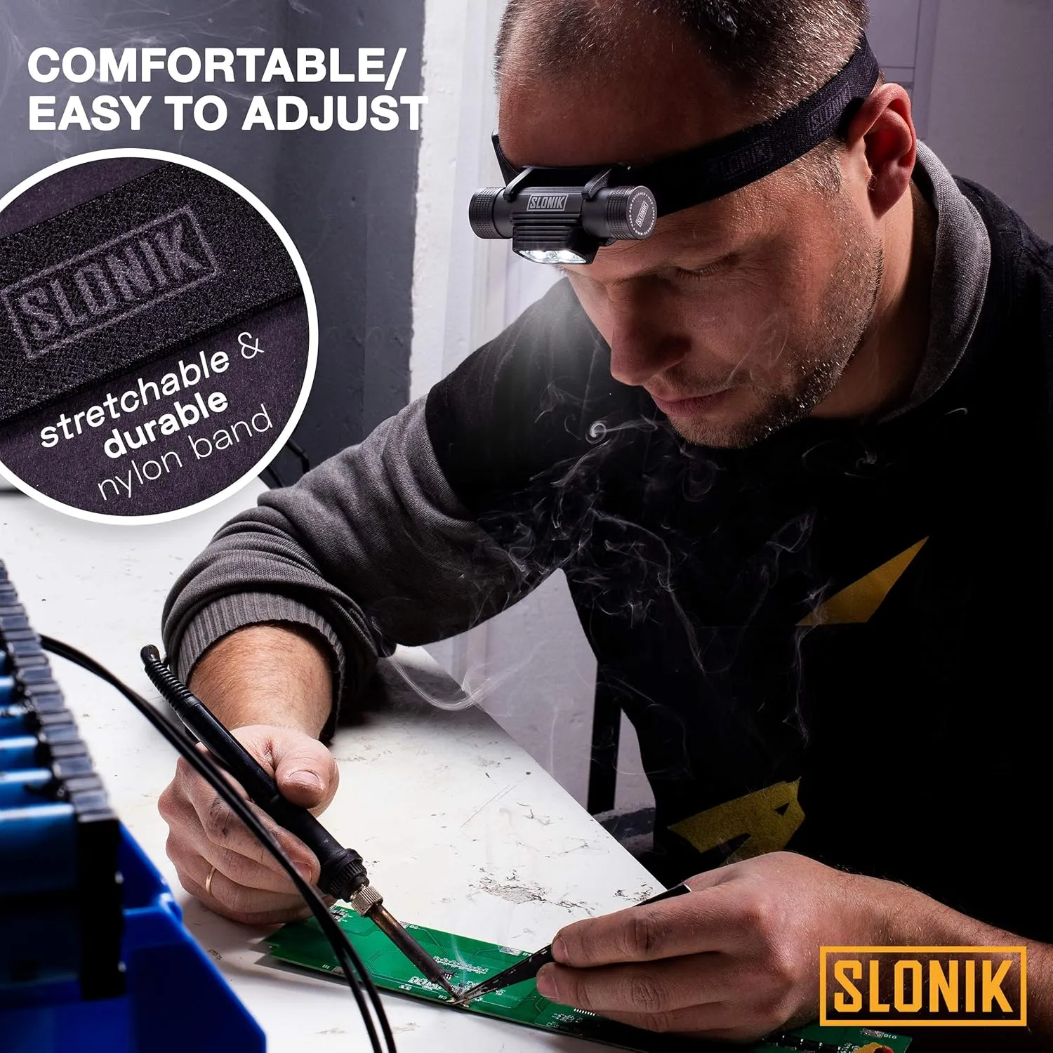 SLONIK Rechargeable Headlamp for Adults - 1000 Lumens Super Bright 60 ft Beam LED Flashlight - Lightweight, Heavy-Duty, IPX4 Waterproof Hard Hat Light - Camping Gear, Running Headlight, Gray