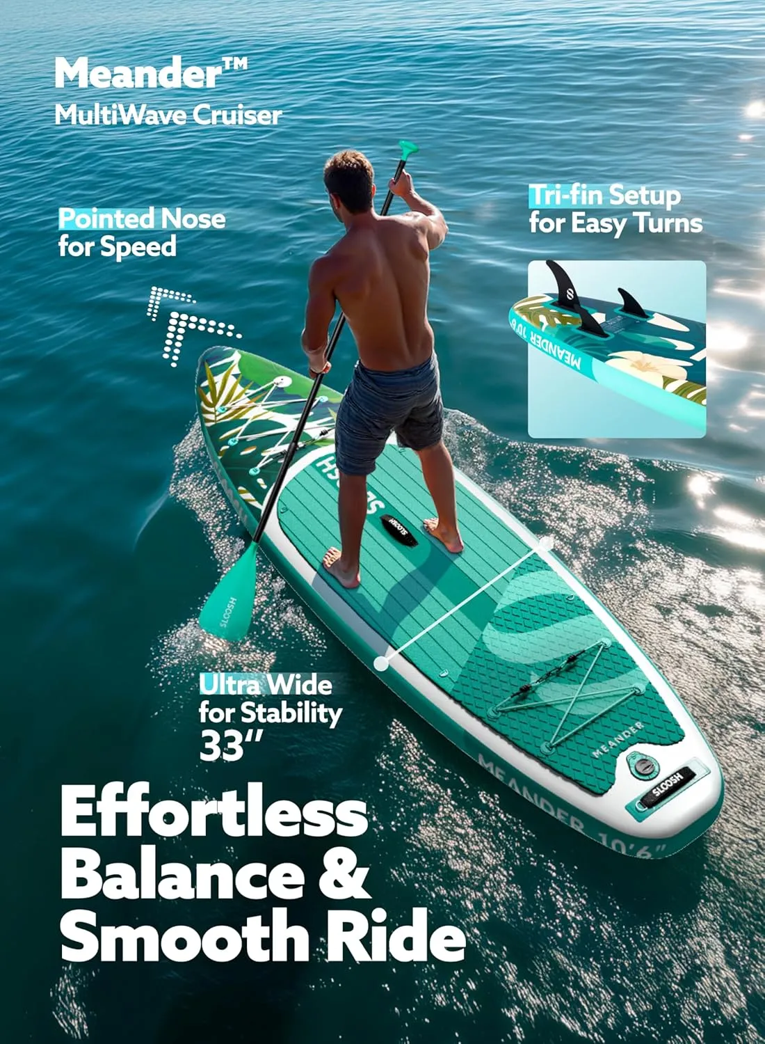 SLOOSH Inflatable Stand Up Paddle Board, 10'6" Inflatable Paddle Boards with Premium Accessories, Non-Slip EVA Deck, Ultra-Light Carry Bag Pump, Meander SUP for Youth & Adults
