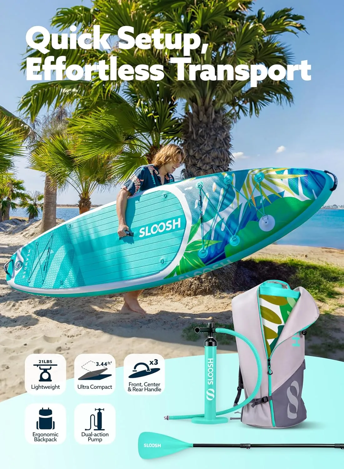SLOOSH Inflatable Stand Up Paddle Board, 10'6" Inflatable Paddle Boards with Premium Accessories, Non-Slip EVA Deck, Ultra-Light Carry Bag Pump, Meander SUP for Youth & Adults