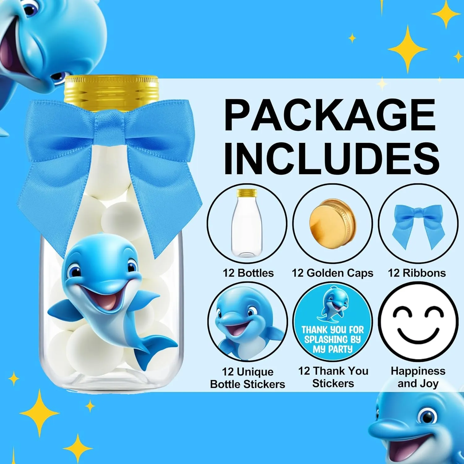 Small 12 Pack Dolphin Party Favors - DIY Candy Jars with Ribbons and Stickers - Party Decoration Bottles for Birthday, School Classroom, and Baby Shower - Dolphin Table Centerpiece for Kids