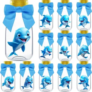 Small 12 Pack Dolphin Party Favors - DIY Candy Jars with Ribbons and Stickers - Party Decoration Bottles for Birthday, School Classroom, and Baby Shower - Dolphin Table Centerpiece for Kids