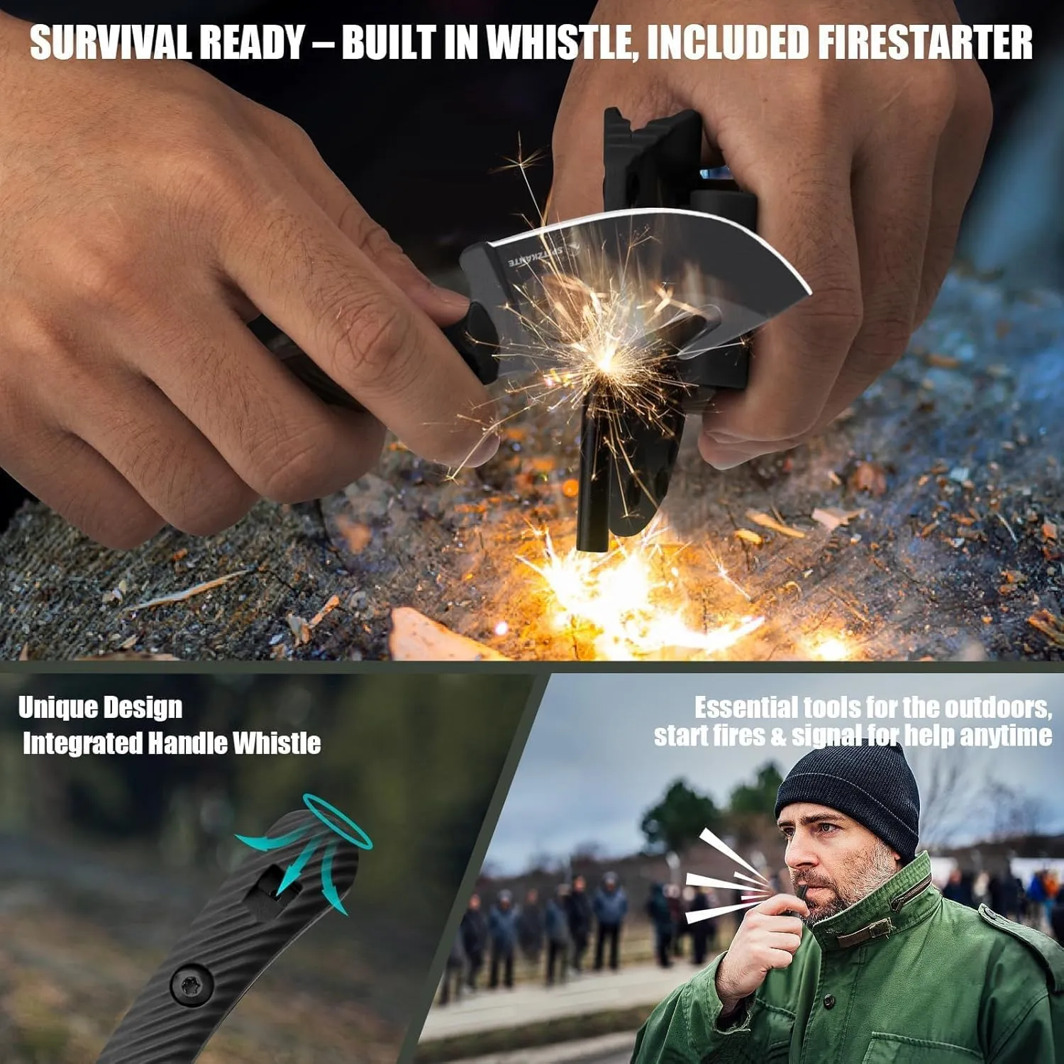 Small Fixed Blade Knife with Sheath, Fire Starter HO-YAN, with Rotating Belt Clip, Tactical EDC Horizontal Carry Knife, Survival Whistle