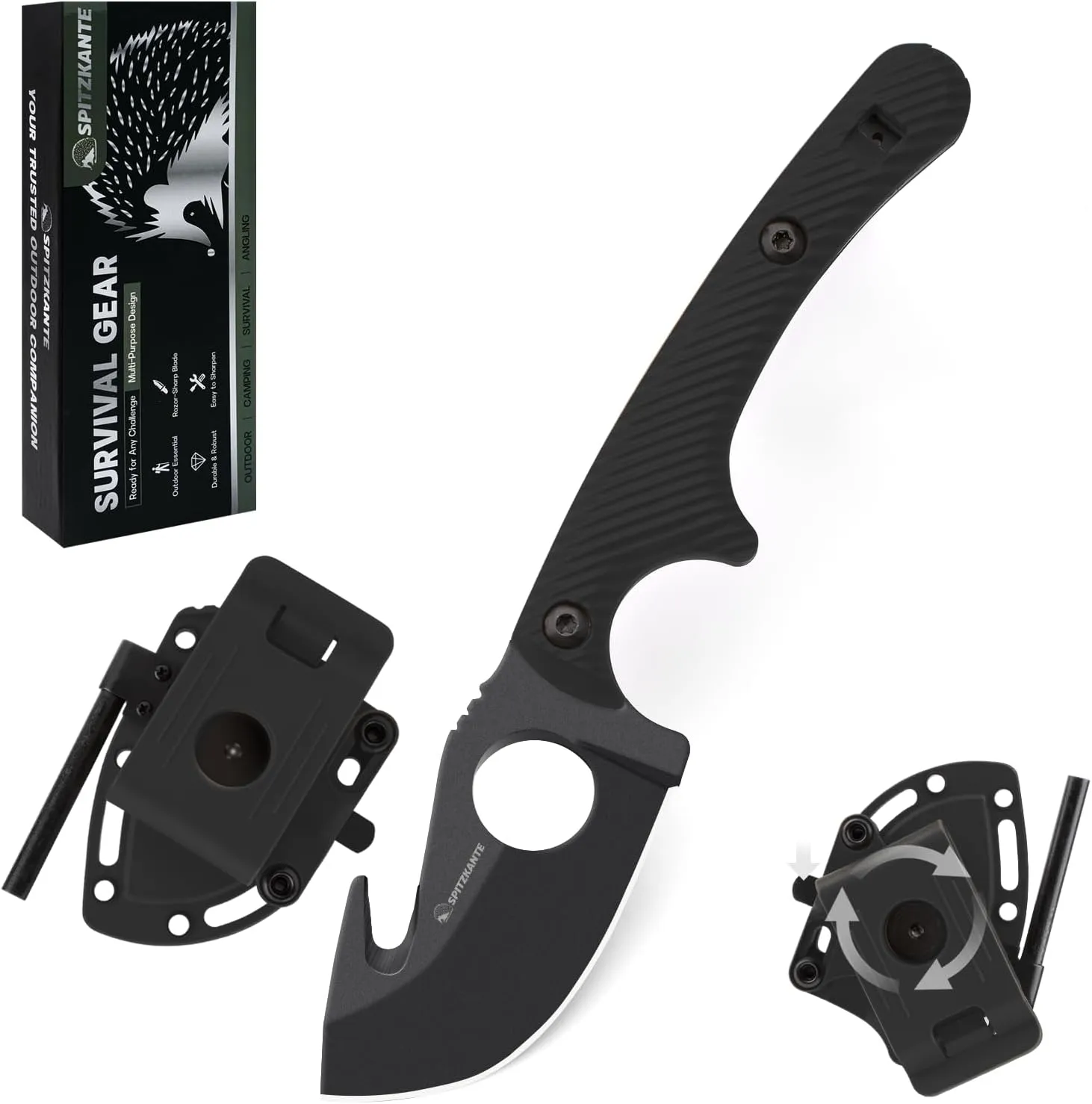 Small Fixed Blade Knife with Sheath, Fire Starter HO-YAN, with Rotating Belt Clip, Tactical EDC Horizontal Carry Knife, Survival Whistle