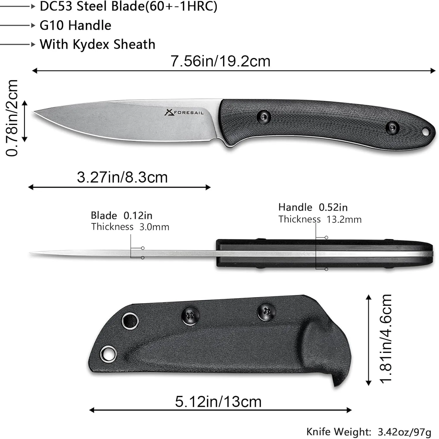 Small Fixed Blade Knife,3.27inch DC53 Steel Blade and G10 Handle,with Kydex Sheath,Fixed EDC Tactical Knife for Men Women,Outdoor Hiking Camping Knives