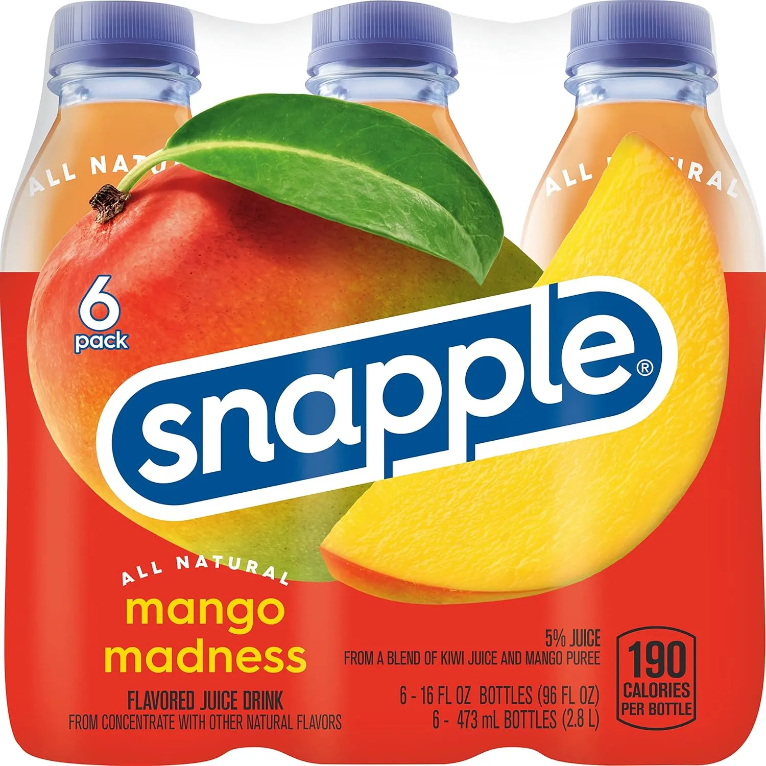Snapple Mango Madness, 16 fl oz recycled plastic bottle, 6 pack