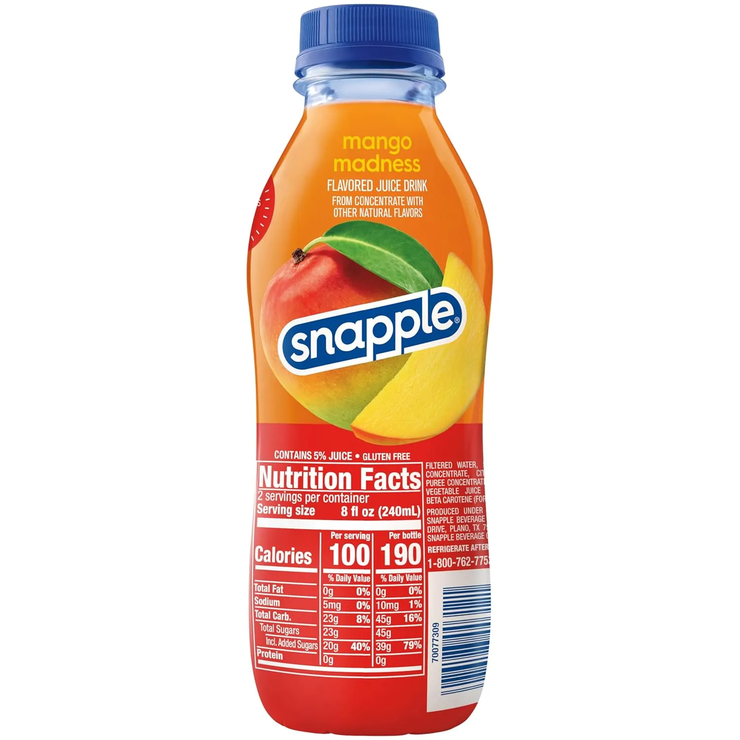 Snapple Mango Madness Flavored Juice Drink, 16 fl oz recycled plastic bottle, Pack of 12