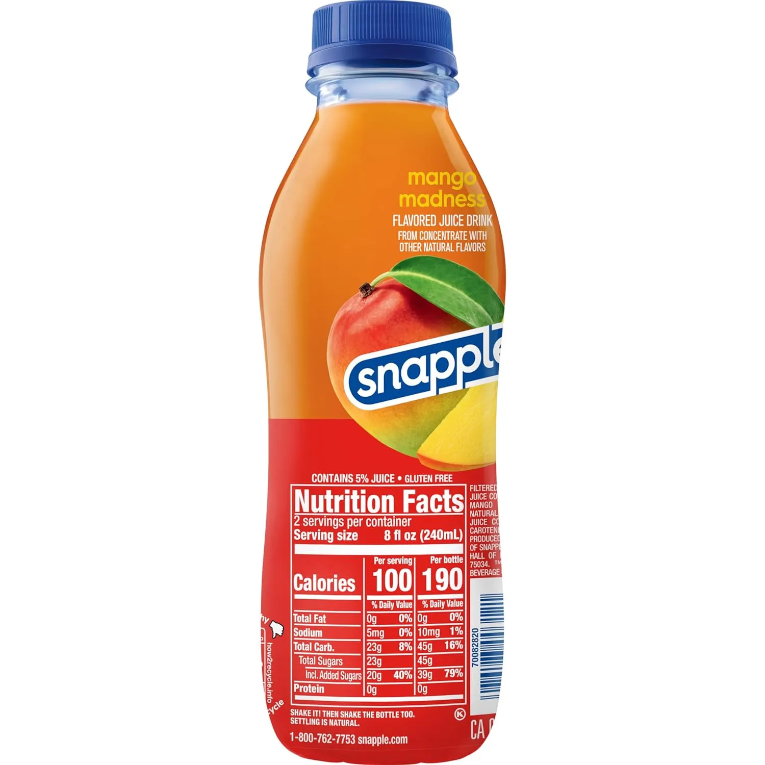 Snapple Mango Madness Flavored Juice Drink, 16 fl oz recycled plastic bottle, Pack of 12
