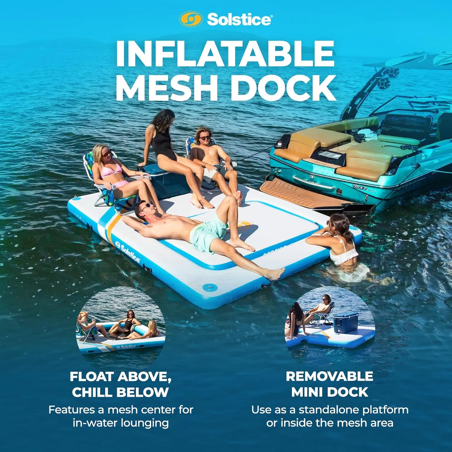 SOLSTICE Original Inflatable Mesh Dock Platform Series for Lake Boat Pool Ocean | for Adults Kids & Pet Dogs Up to 10 People | Rafts with Mesh Options | Various Water Mat Swim Raft Shapes & Sizes
