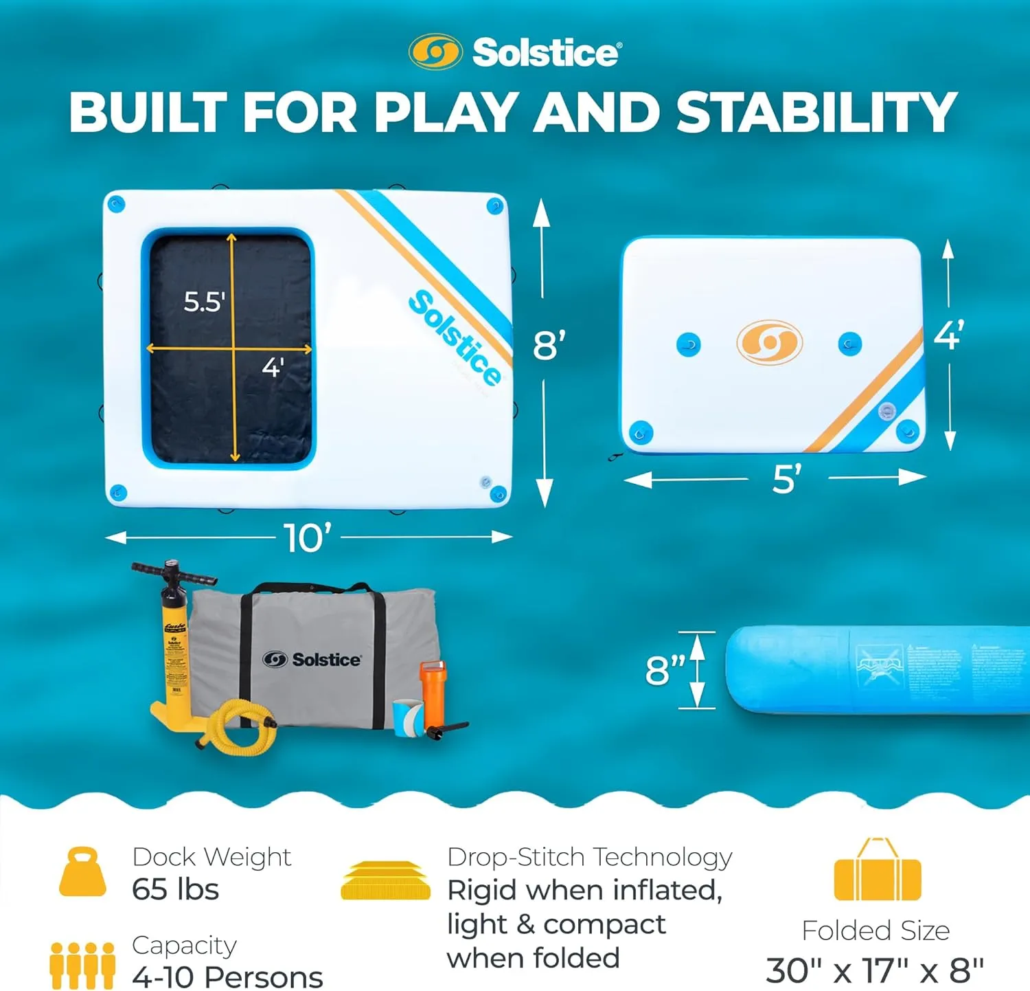 SOLSTICE Original Inflatable Mesh Dock Platform Series for Lake Boat Pool Ocean | for Adults Kids & Pet Dogs Up to 10 People | Rafts with Mesh Options | Various Water Mat Swim Raft Shapes & Sizes