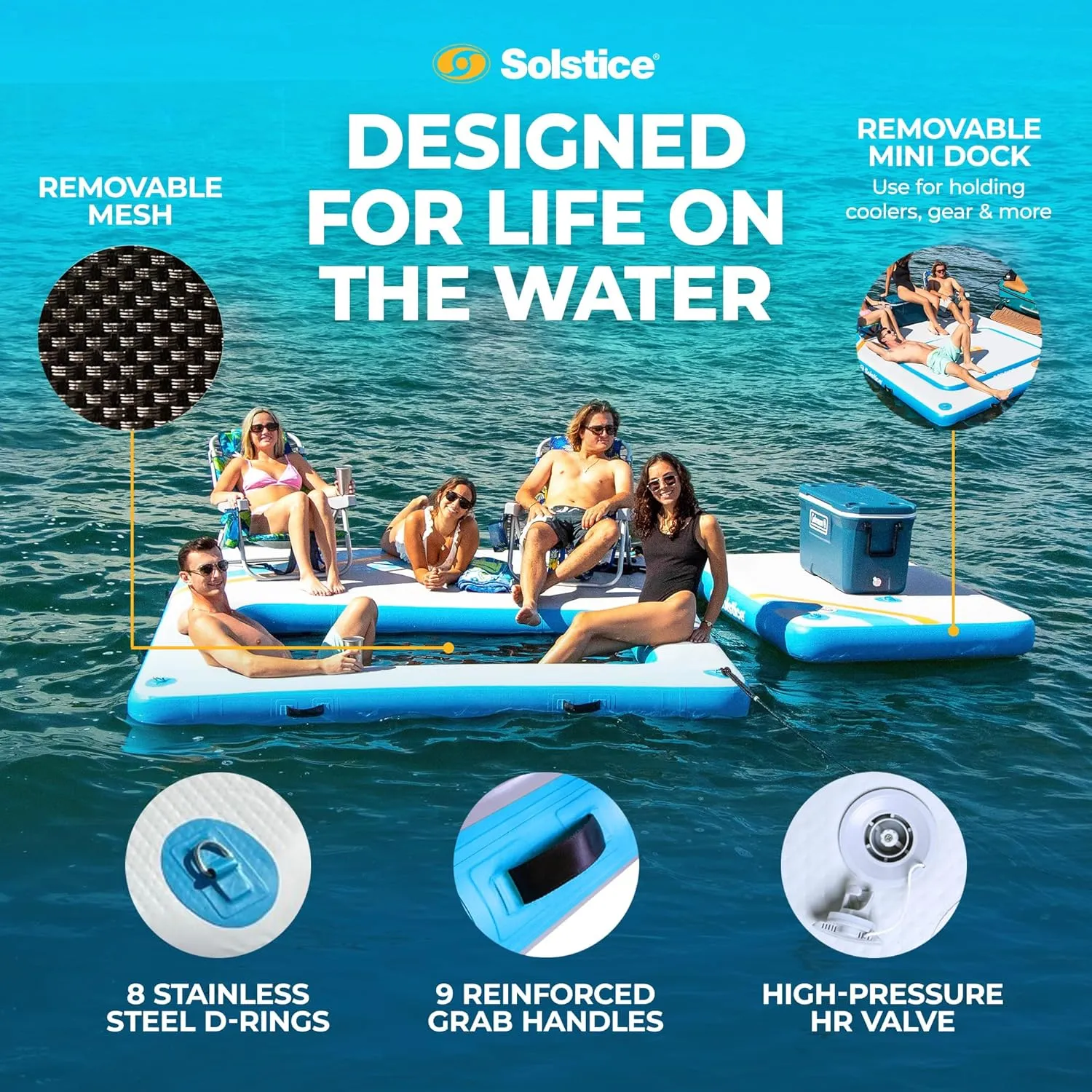 SOLSTICE Original Inflatable Mesh Dock Platform Series for Lake Boat Pool Ocean | for Adults Kids & Pet Dogs Up to 10 People | Rafts with Mesh Options | Various Water Mat Swim Raft Shapes & Sizes