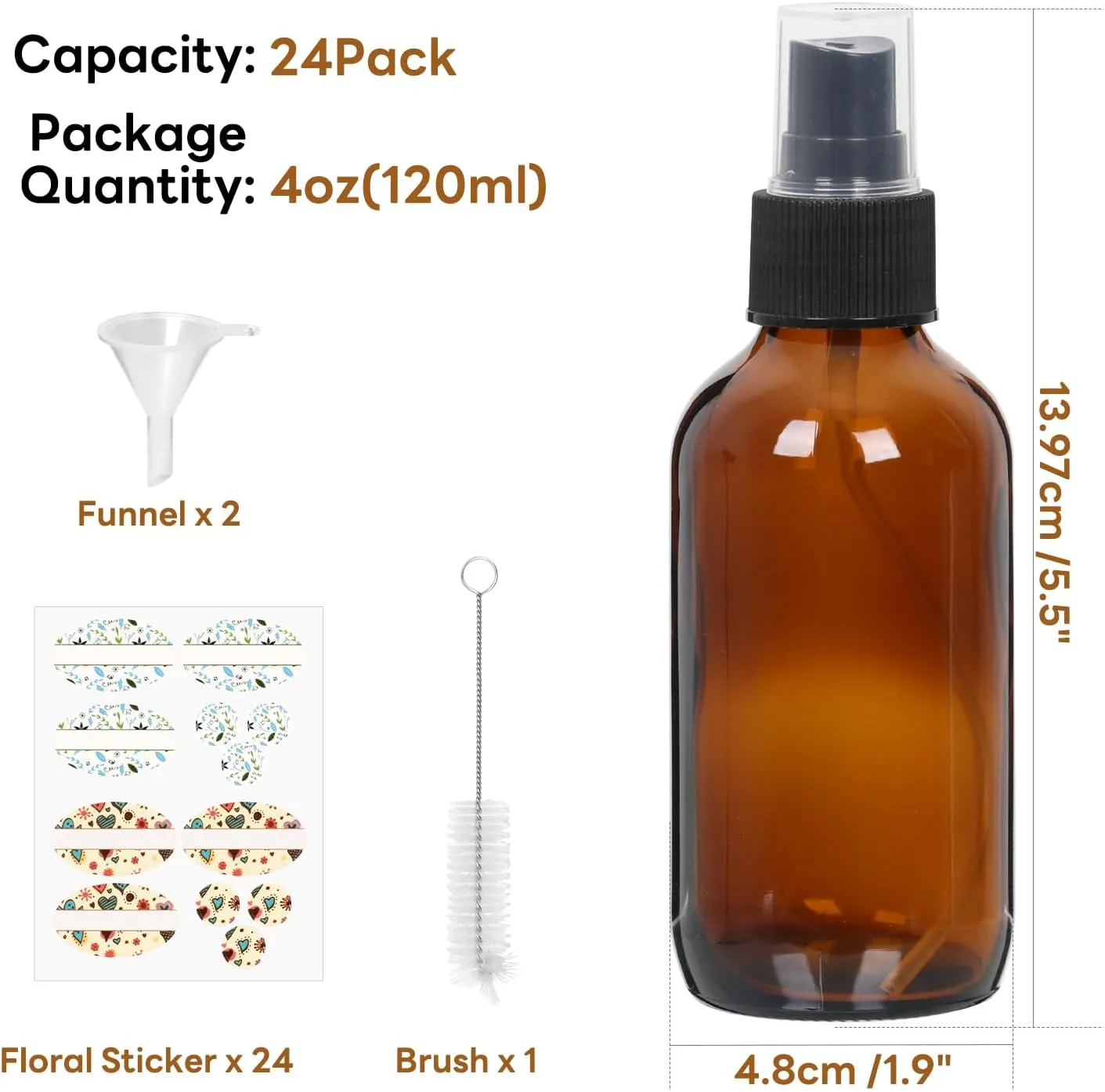 STARSIDE 24 Pack 4 oz Amber Glass Spray Bottles with Fine Mist Sprayer,120 ml Glass Travel Bottles for Cosmetic Essential Oils Cleaning Solutions Perfumes & Liquids