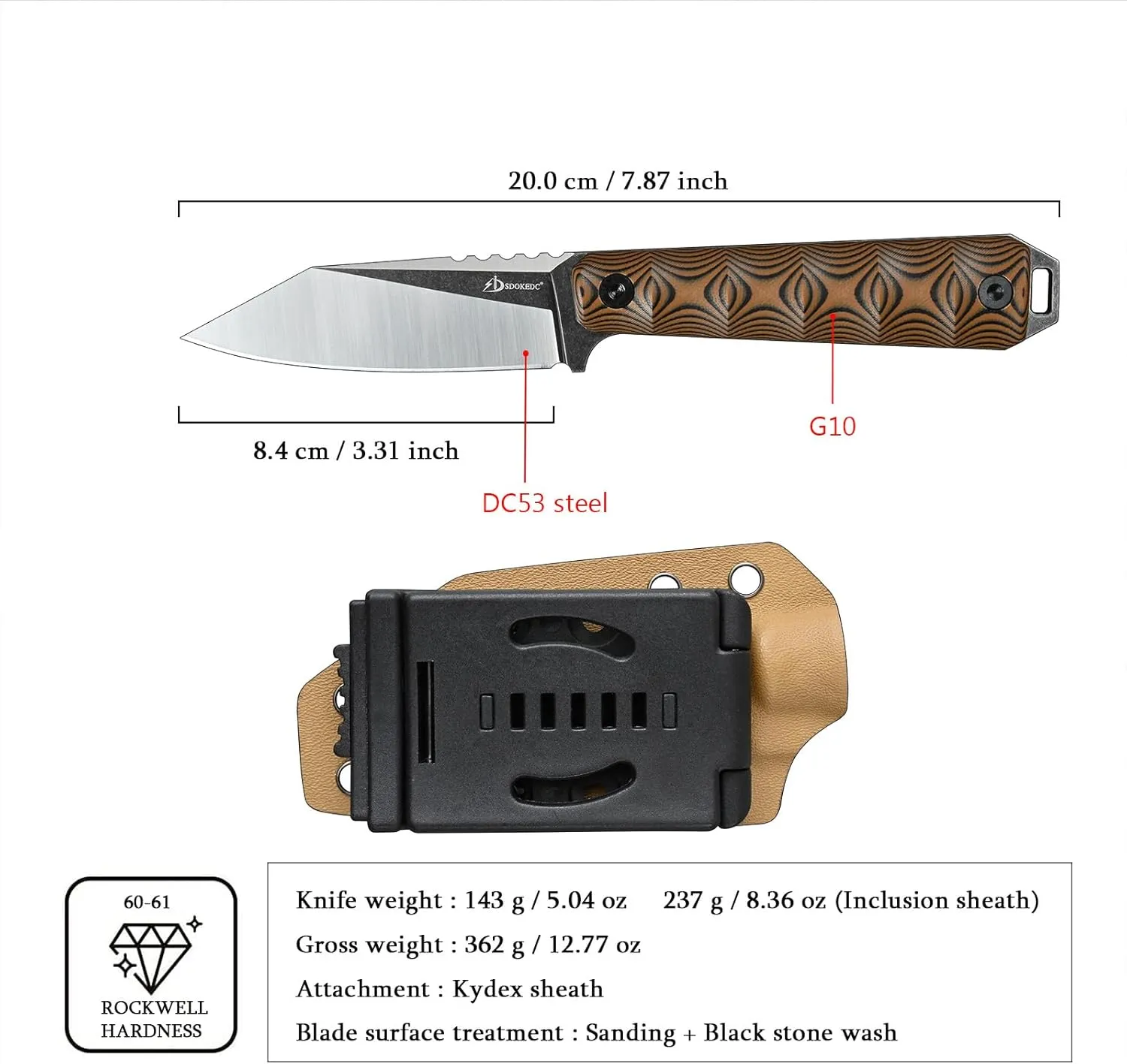 Tactical Fixed Blade Knife DC53 Steel G10 Handle Kydex Sheath Knives for EDC Outdoor Camping Survival Hunting