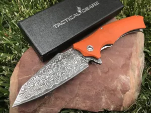 TACTICAL GEARZ Damascus Pocket Knife, G10 Handle, 67 Multi Layered Damascus Steel Blade & VG10 Core, Includes Sheath (Vex XT Saffron)