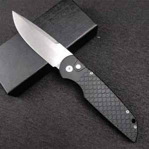 Tactical Response Push Button Lock Pocket Knife for Men, 3.5" D2 Stonewash Blade Black Fish Scale Handle, EDC Outdoor Hunting Folding Knives With Deep Carry Belt Clip