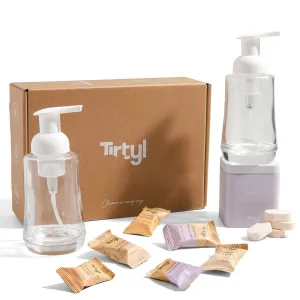 Tirtyl Hand Soap Duo Kit - 2 Glass Foaming Dispensers   Storage Tin   6 Tablet Refills (48 fl oz total - 6x 8 fl oz) - NEW Formula - Compostable Packaging - Variety Fragrances