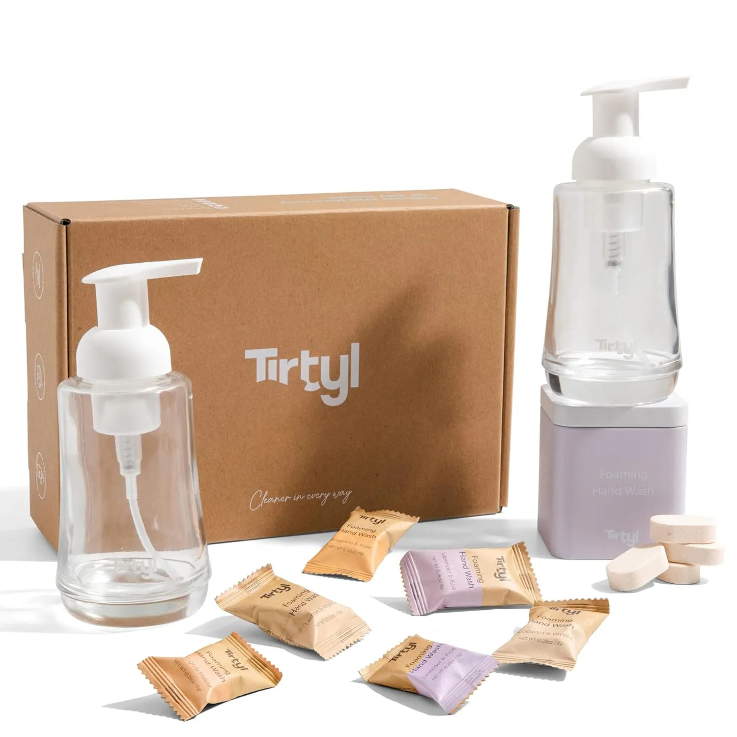 Tirtyl Hand Soap Duo Kit - 2 Glass Foaming Dispensers   Storage Tin   6 Tablet Refills (48 fl oz total - 6x 8 fl oz) - NEW Formula - Compostable Packaging - Variety Fragrances