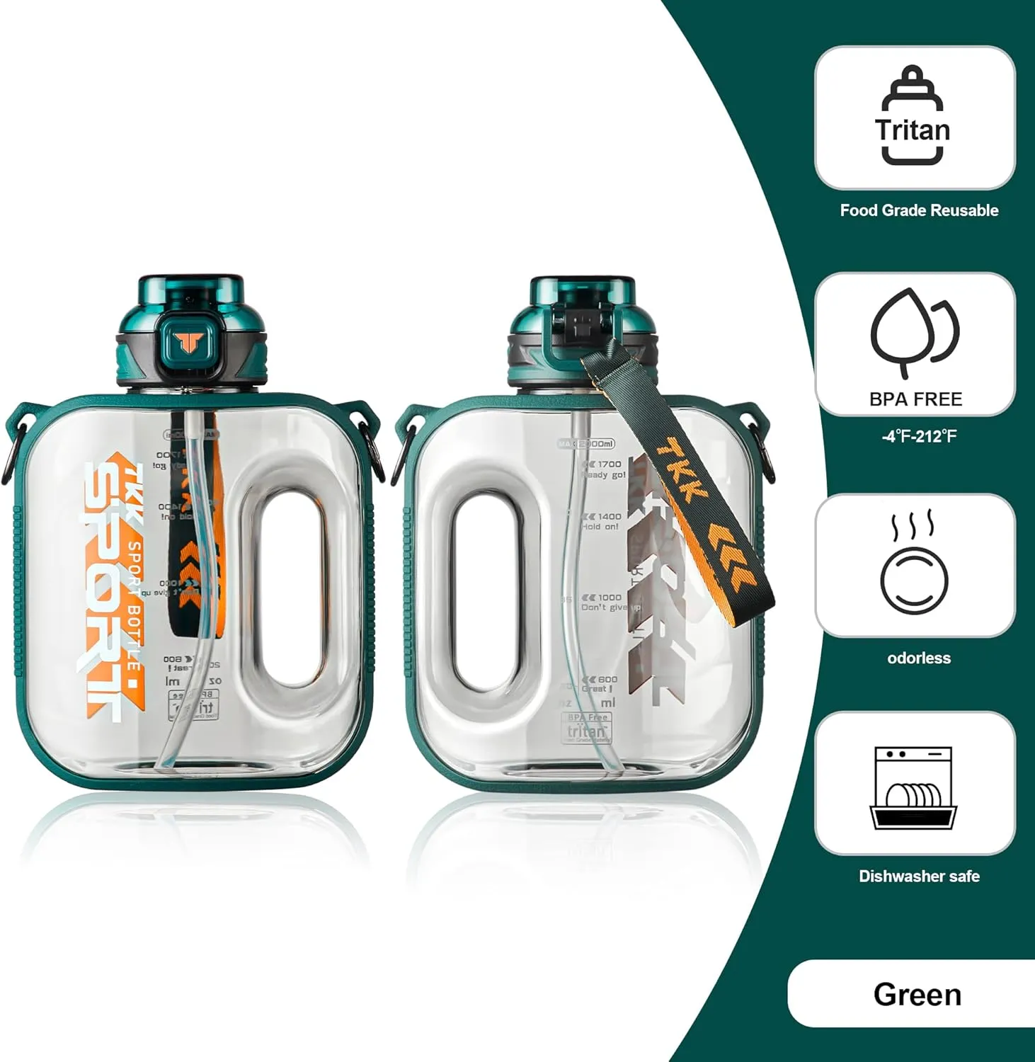 TKK Half Gallon Water Bottle Jug with Straw Large Capacity Plastic Water Bottle Dishwasher Safe 1/2 Gallon 64 Oz Water Bottle Jug BPA Free Tritan for Gym Yoga Travel Camping Outdoor Green Teal