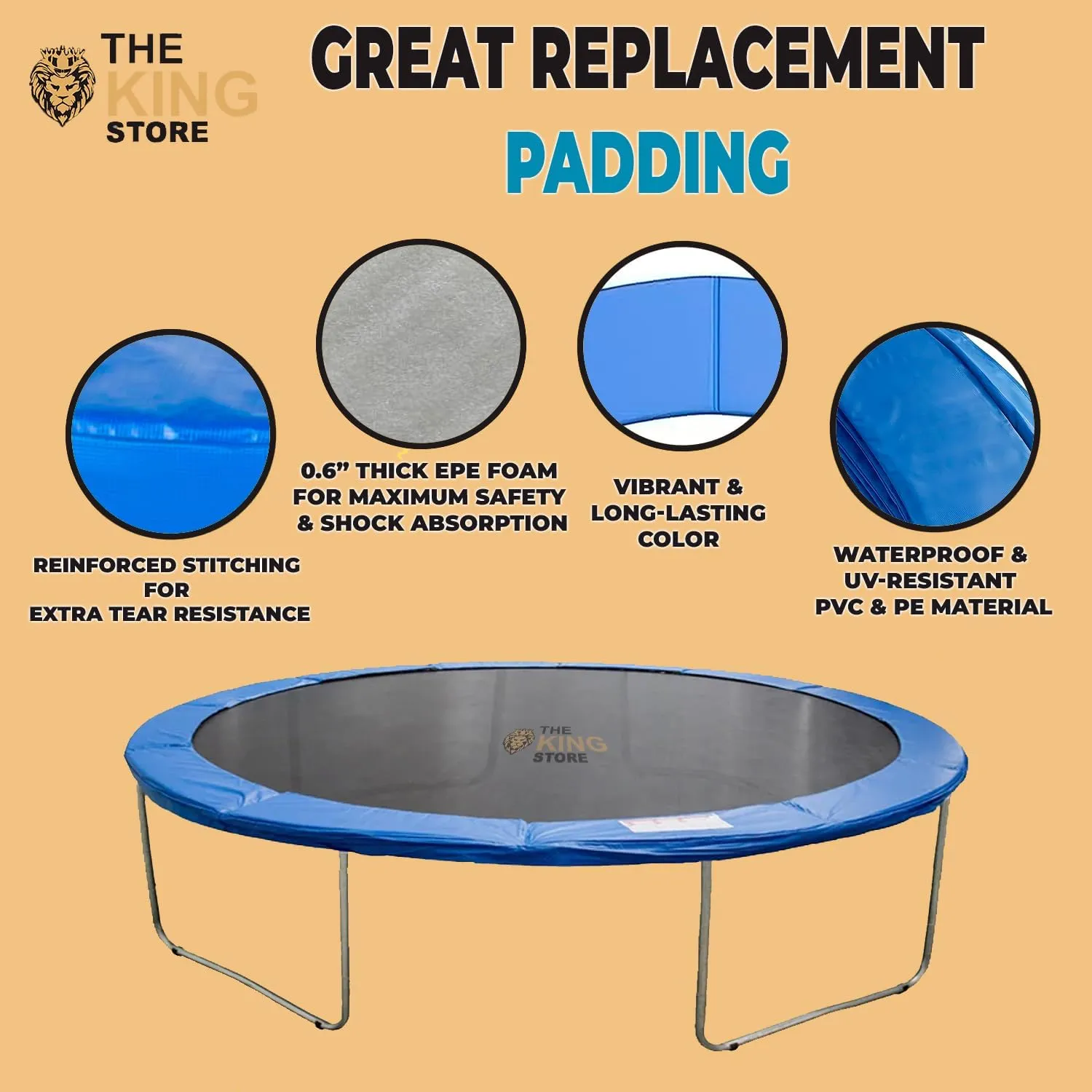 Trampoline Replacement Pad Safety Spring Cover 0.6in Thick PVC Foam Waterproof UV Resistant Universal Fit 10ft 12ft 14ft 15ft Foldable Tearproof Cushioned Shock Absorbing Easy to Install Weatherproof