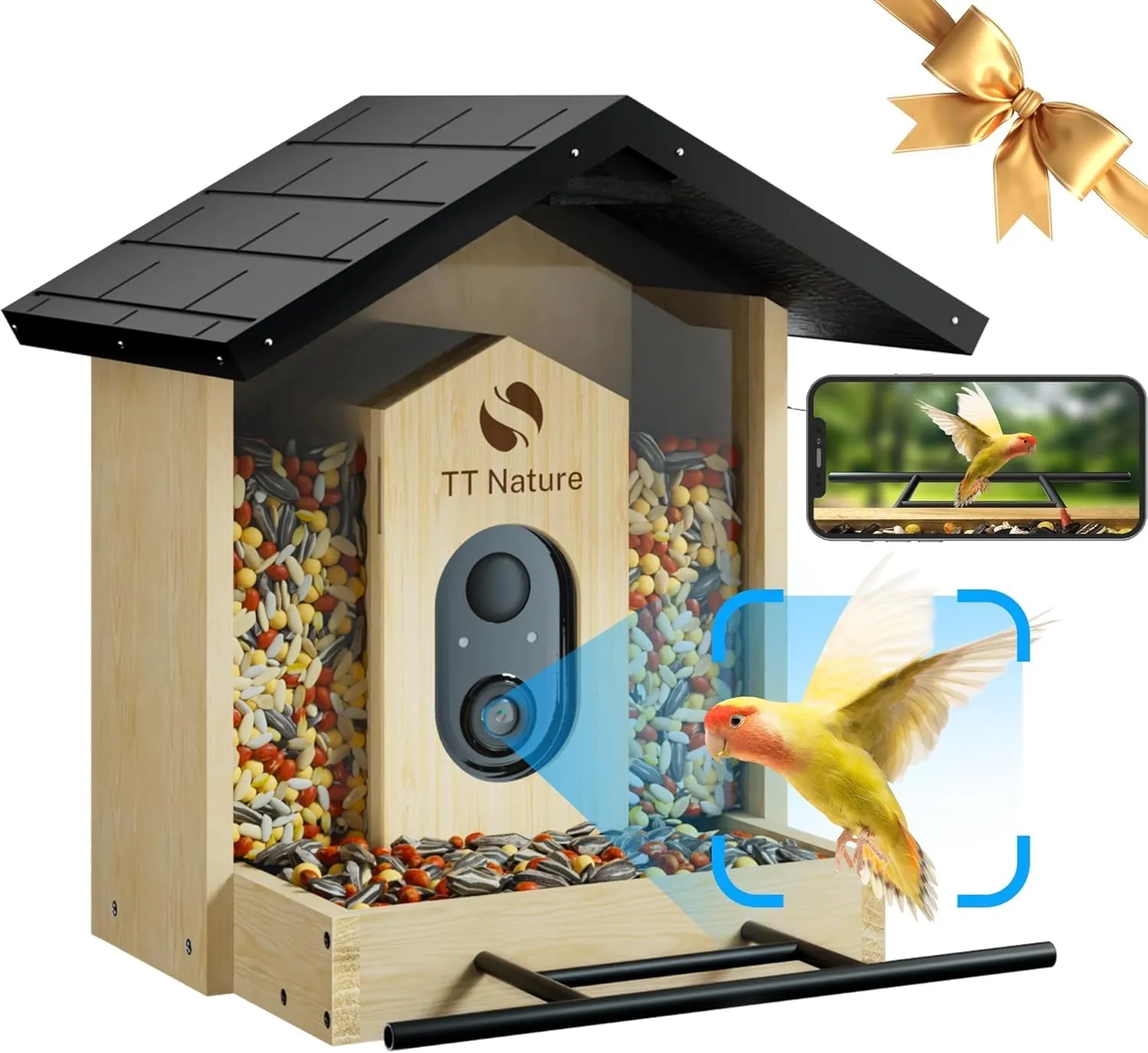 TT Nature Bird Feeder with Camera, Upgraded 1.5L Smart Al Identify for 10000 Plus Species, Auto Capture & Real-time Notifications, Ideal Gift for Bird Lovers (Iron Roof)