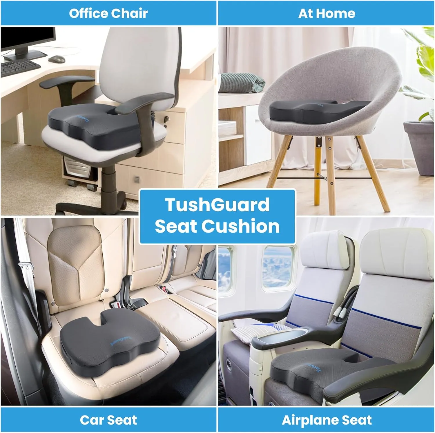 TushGuard Seat Cushion, Office Chair Cushions, Car Seat Cushion, Non-Slip Relief Chair Pad, Memory Foam Butt Pillow for Computer Desk, Office Chair, Grey