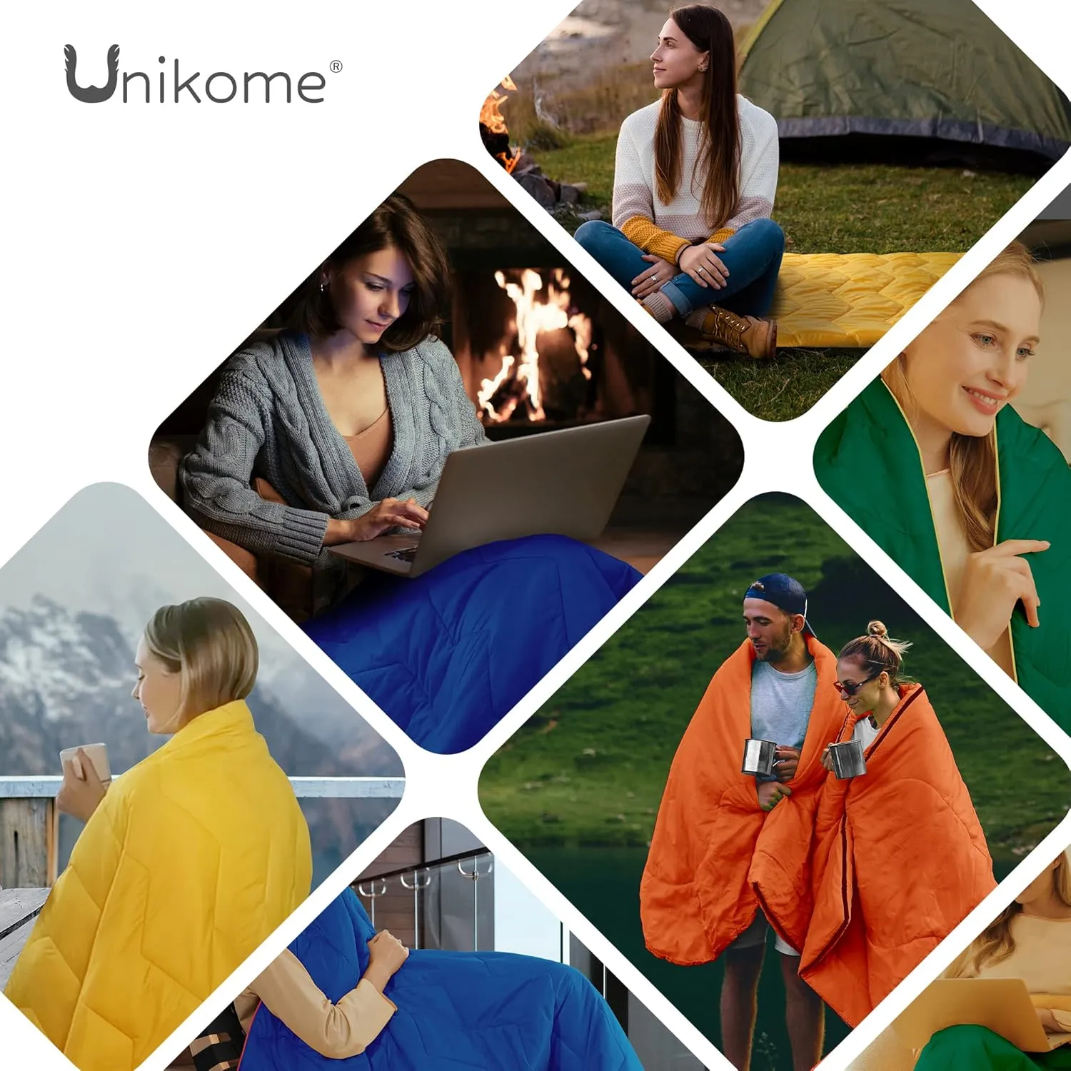 UNIKOME Lightweight Travel Blanket, Waterproof Warm Puffy Down Alternative Camping Blanket with Corner Loops, 75'52', Yellow