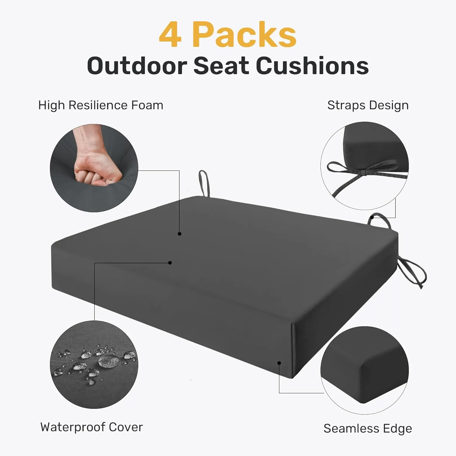 UNIKOME Outdoor Chair Cushions Pack of 4, Water Resistant Patio Cushions with Ties, High Density Sponge Filling Square Corner Seat Cushions for Outdoor Furniture, 18.5"*16"*3", Grey