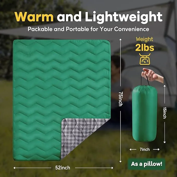 UNIKOME Outdoor Packable Camping Blanket, Lightweight Travel Blanket Waterproof Warm Camping Blanket for Hiking, Camping, Puffy Down Alternative Camping Blanket with Corner Loops, 75"×52", Green