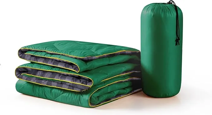 UNIKOME Outdoor Packable Camping Blanket, Lightweight Travel Blanket Waterproof Warm Camping Blanket for Hiking, Camping, Puffy Down Alternative Camping Blanket with Corner Loops, 75"×52", Green