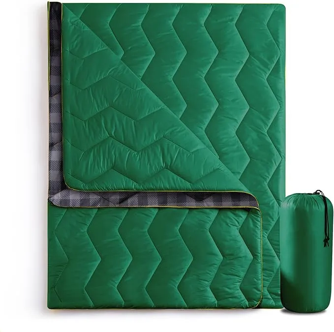 UNIKOME Outdoor Packable Camping Blanket, Lightweight Travel Blanket Waterproof Warm Camping Blanket for Hiking, Camping, Puffy Down Alternative Camping Blanket with Corner Loops, 75"×52", Green