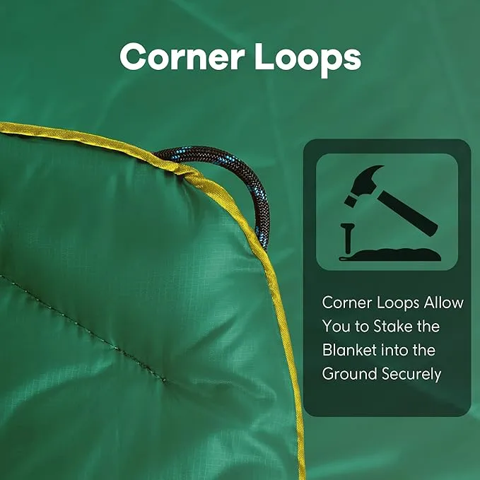 UNIKOME Outdoor Packable Camping Blanket, Lightweight Travel Blanket Waterproof Warm Camping Blanket for Hiking, Camping, Puffy Down Alternative Camping Blanket with Corner Loops, 75"×52", Green