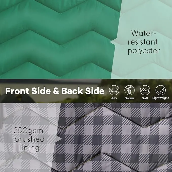 UNIKOME Outdoor Packable Camping Blanket, Lightweight Travel Blanket Waterproof Warm Camping Blanket for Hiking, Camping, Puffy Down Alternative Camping Blanket with Corner Loops, 75"×52", Green