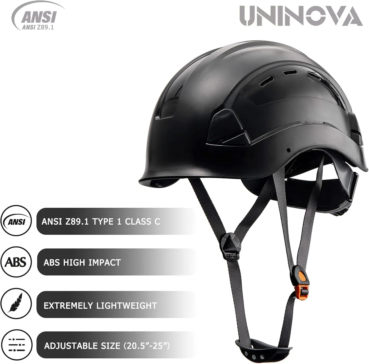 UNINOVA Safety Hard Hat - ANSI Z89.1 Approved Helmet Adjustable - 6-Point Ratchet Suspension, Perfect for Construction (02Black)