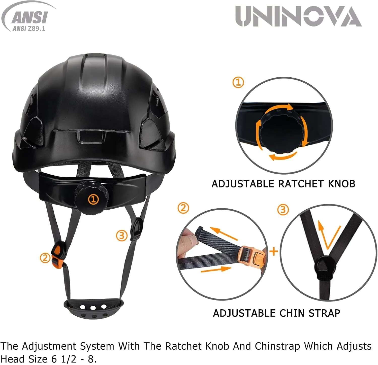 UNINOVA Safety Hard Hat - ANSI Z89.1 Approved Helmet Adjustable - 6-Point Ratchet Suspension, Perfect for Construction (02Black)