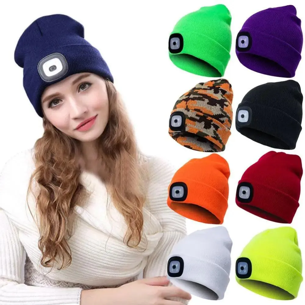 Unisex Fashion LED Light Knitted Hat For Men Women Trendy Elastic Beanie Cap Headlamp Winter Knit Lighted Headlight Headlamp Cap