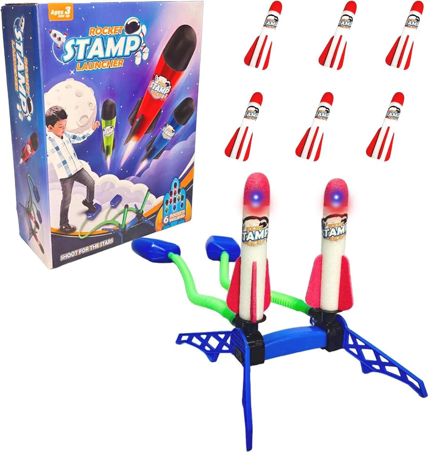 [Upgraded] Rocket Launcher Toy for Kids – 2-in-1 Dual Stomp Launch Pad with 6 Light-Up Foam Rockets – One-Piece Design for 2 Players to Race & Compete – Outdoor STEM Toy for Boys & Girls Ages 3 