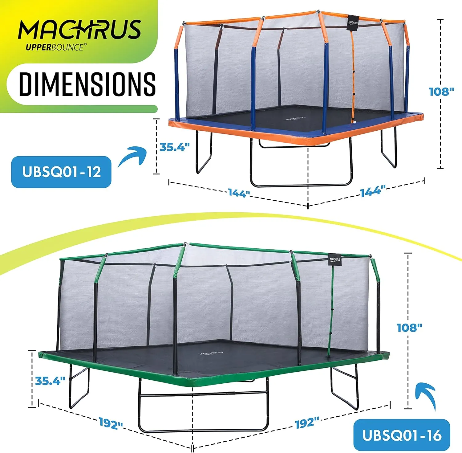 Upper Bounce Square Trampoline Set with Premium Top-Ring Enclosure & Safety Pad – Outdoor Gymnastics Trampoline for Kids – Supports up to 500 lbs