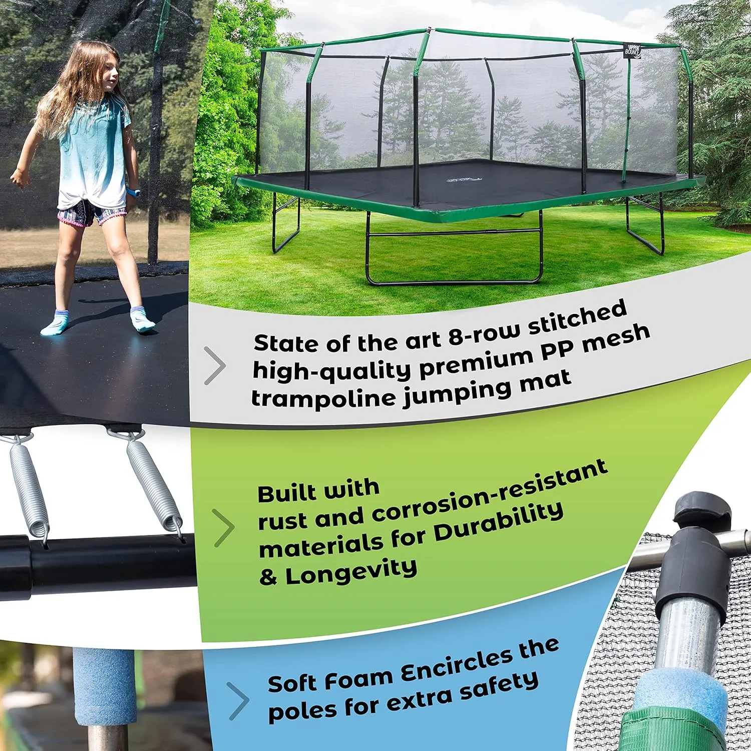 Upper Bounce Square Trampoline Set with Premium Top-Ring Enclosure & Safety Pad – Outdoor Gymnastics Trampoline for Kids – Supports up to 500 lbs