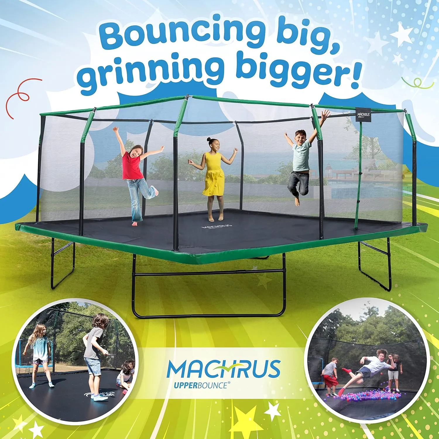 Upper Bounce Square Trampoline Set with Premium Top-Ring Enclosure & Safety Pad – Outdoor Gymnastics Trampoline for Kids – Supports up to 500 lbs