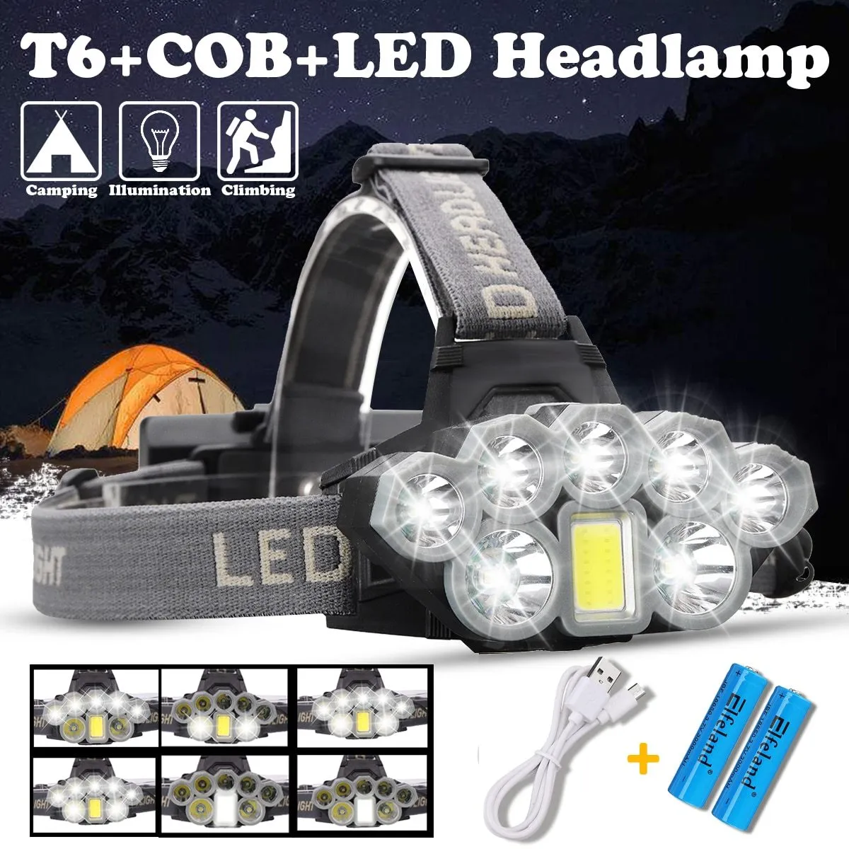 USB Rechargeable Headlight 80000lm Headlamp 2*T6 5*Q5 1*COB LED Head Lamp Flashlight Torch Head Light Lantern 18650 Battery