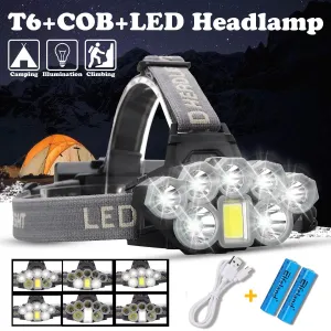 USB Rechargeable Headlight 80000lm Headlamp 2*T6 5*Q5 1*COB LED Head Lamp Flashlight Torch Head Light Lantern 18650 Battery