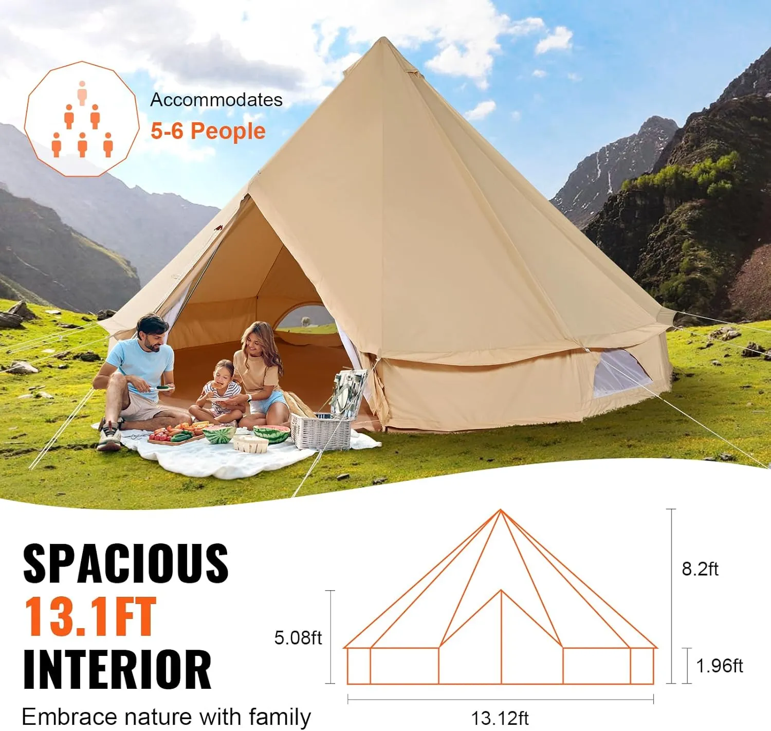 VEVOR Canvas Tent Bell, Yurt 4 Seasons for Camping with Stove Jack, Breathable Holds up to 4 People, Family Camping Outdoor Hunting Party