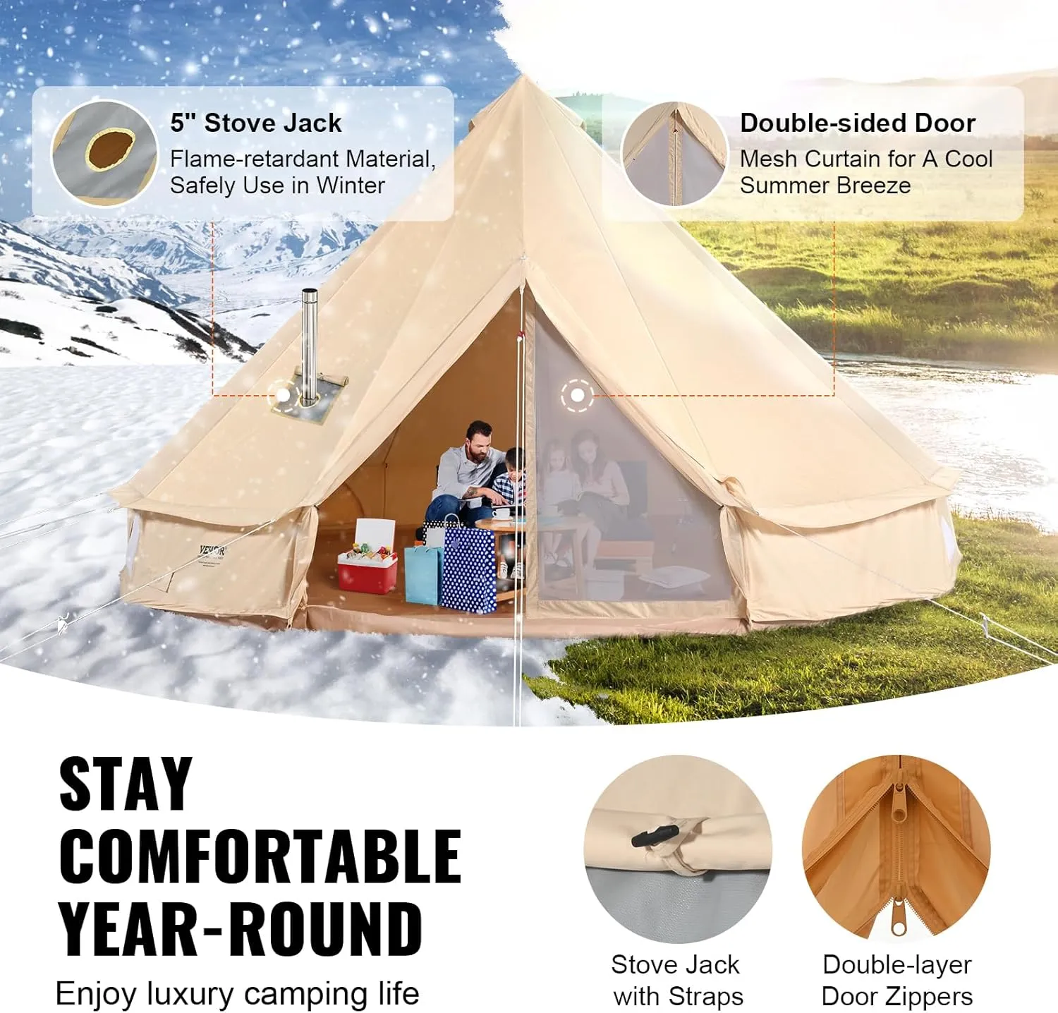 VEVOR Canvas Tent Bell, Yurt 4 Seasons for Camping with Stove Jack, Breathable Holds up to 4 People, Family Camping Outdoor Hunting Party