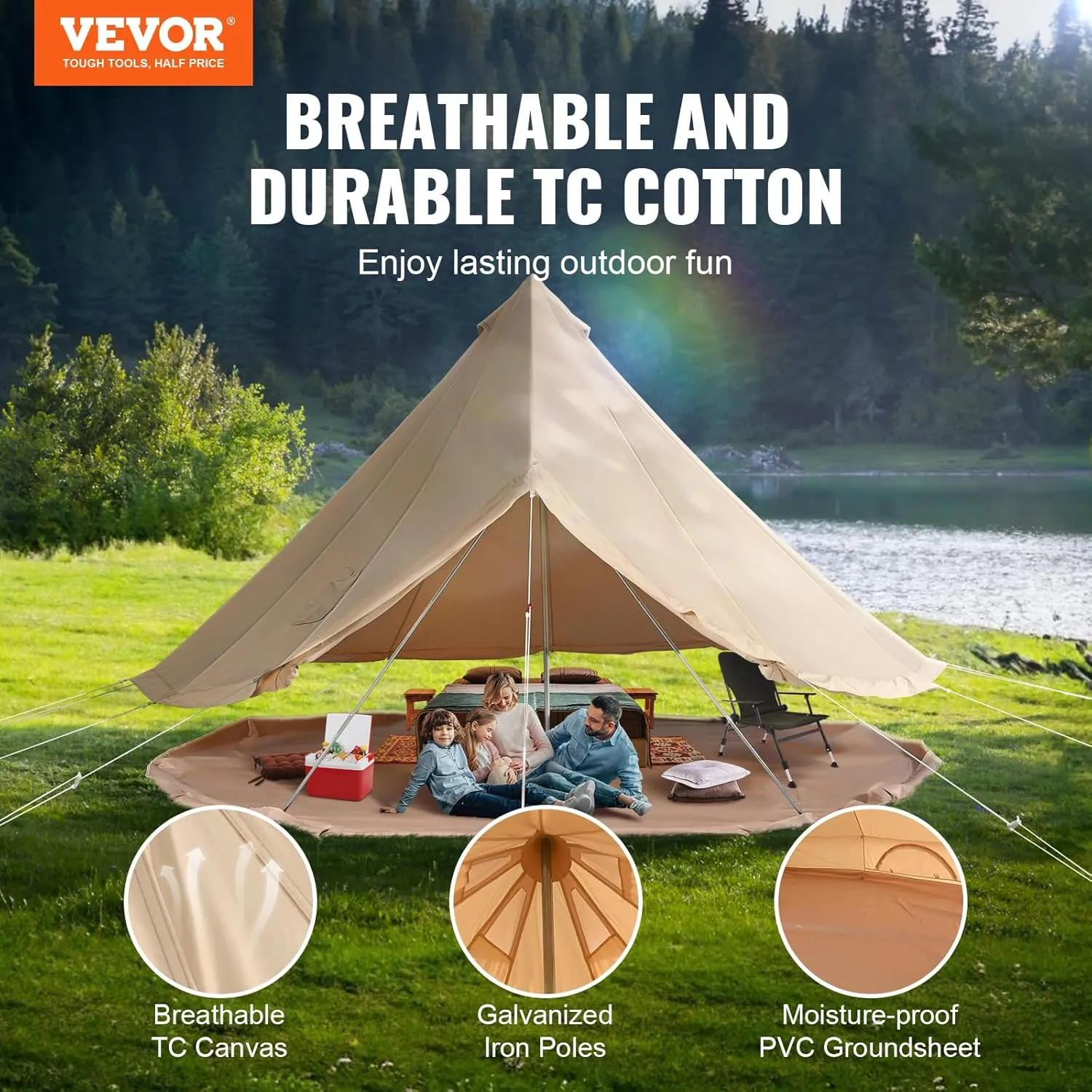 VEVOR Canvas Tent Bell, Yurt 4 Seasons for Camping with Stove Jack, Breathable Holds up to 4 People, Family Camping Outdoor Hunting Party