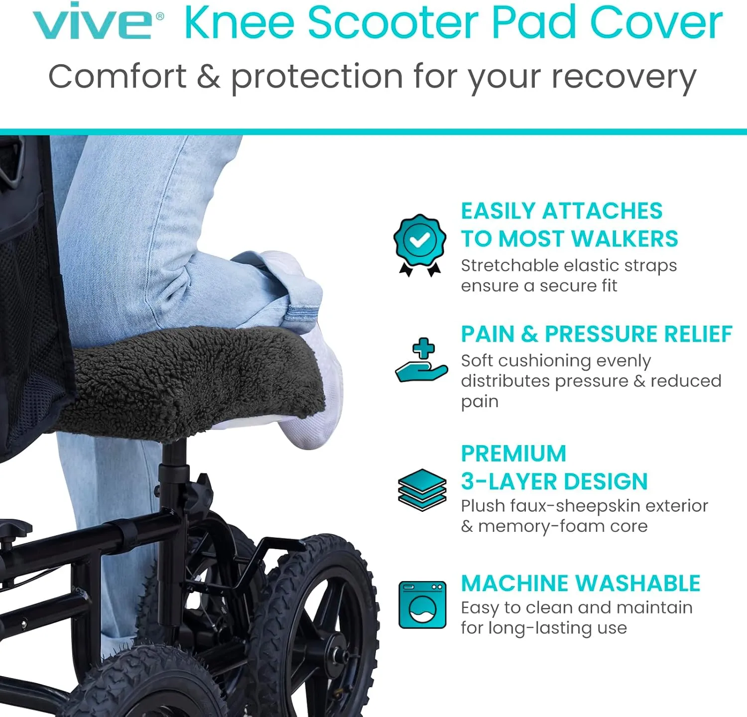 Vive Mobility Knee Scooter Pad Cover - Soft Plush Adult Sheepskin Memory Foam Cushion, Walker Accessory for Knee Roller, Padded Accessories Leg Cart Improves Comfort with Injury, Universal Fit (Black)