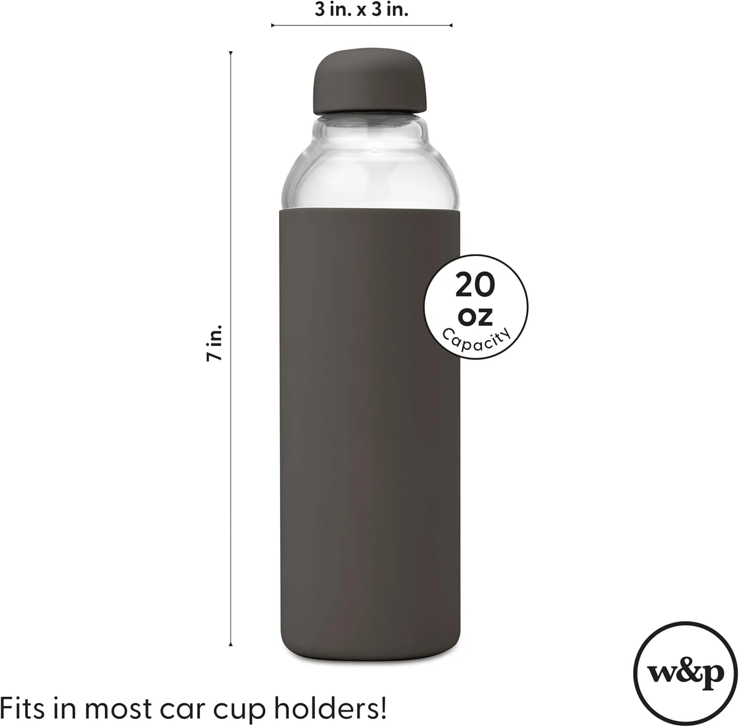 W&P Porter Glass Water Bottle with Protective Silicone Sleeve, Lavender 20oz, Leak-Proof Reusable Bottle, Dishwasher Safe, Borosilicate Glass