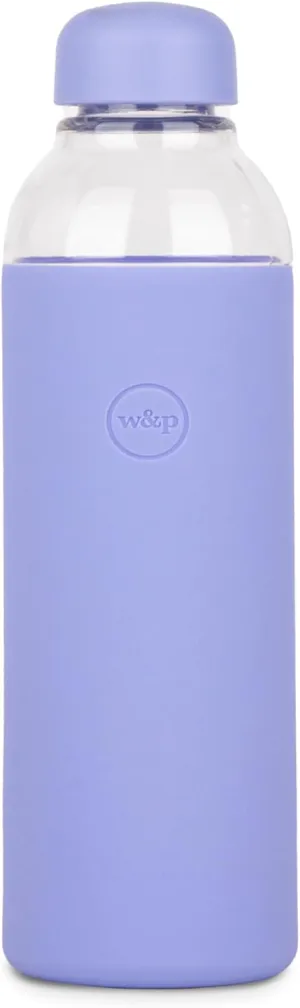 W&P Porter Glass Water Bottle with Protective Silicone Sleeve, Lavender 20oz, Leak-Proof Reusable Bottle, Dishwasher Safe, Borosilicate Glass