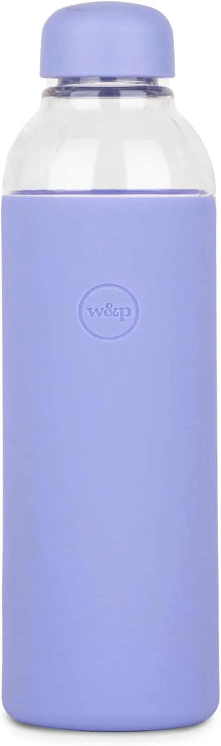 W&P Porter Glass Water Bottle with Protective Silicone Sleeve, Lavender 20oz, Leak-Proof Reusable Bottle, Dishwasher Safe, Borosilicate Glass