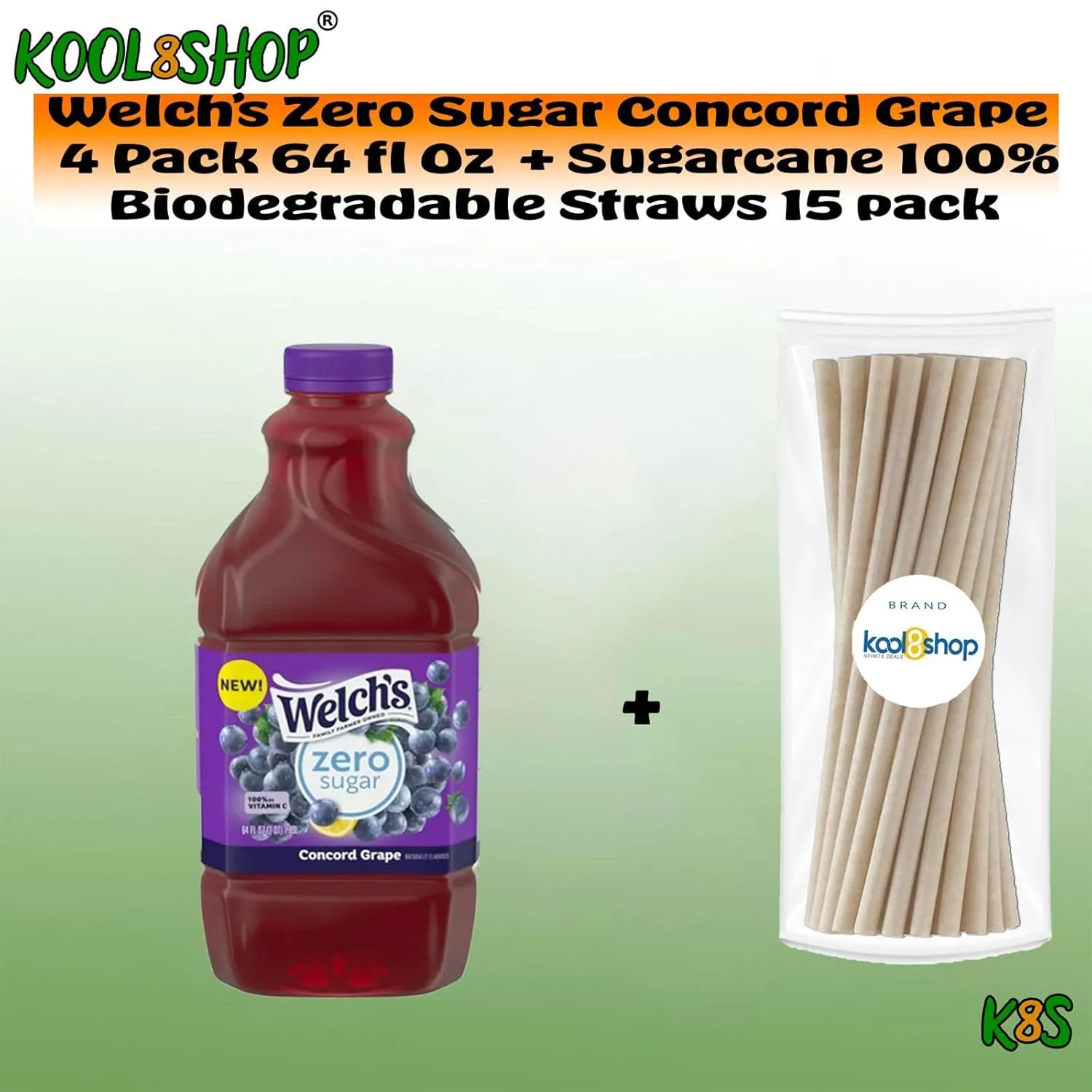 Welch's Zero Sugar Concord Grape Fruit Juice Drink 64 fl oz Plastic Bottles 4 Pack   15 Sugarcane Disposable Straws by KOOL8SHOP Infinite Deals