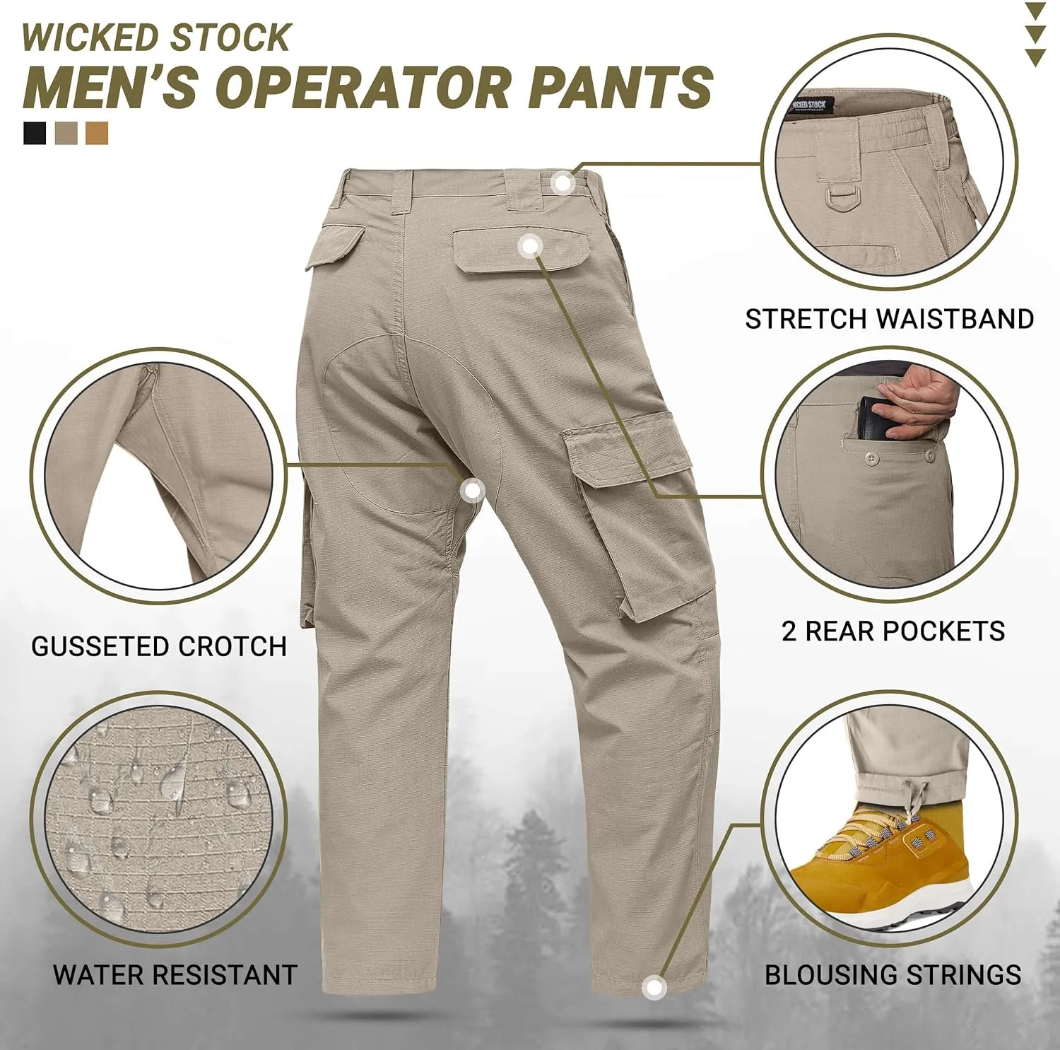 WICKED STOCK Ripstop Men's Operator Cargo Tactical Pants, Elastic Waist, Water Resistant Cargo Pants, Durable, Work Pants Men