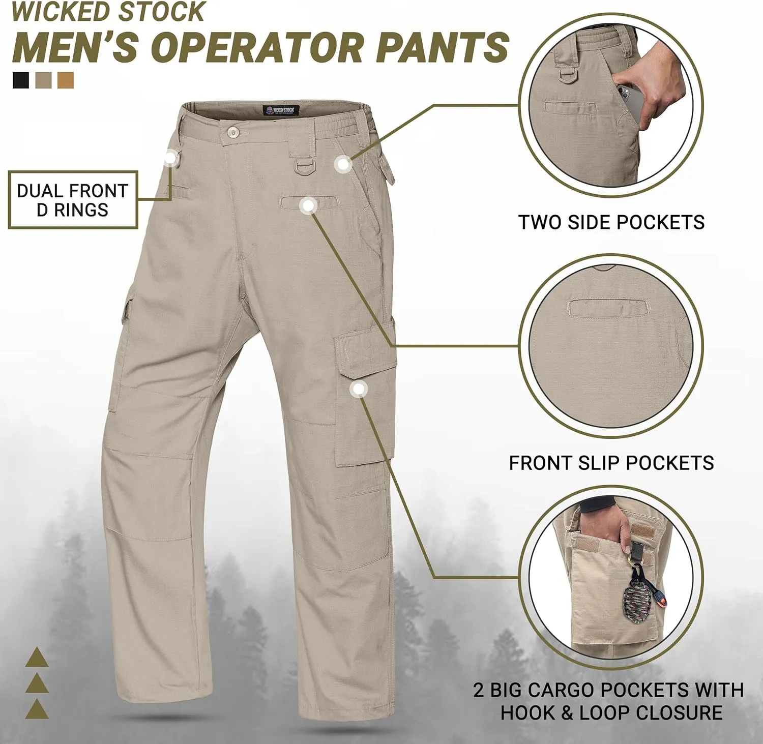 WICKED STOCK Ripstop Men's Operator Cargo Tactical Pants, Elastic Waist, Water Resistant Cargo Pants, Durable, Work Pants Men